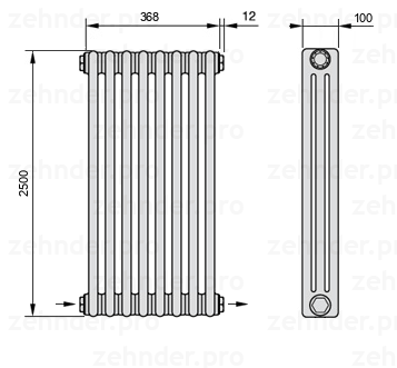 Схема (чертеж) Радиатор Zehnder Charleston 3250/8 №2670 Белый глянцевый RAL 9016
